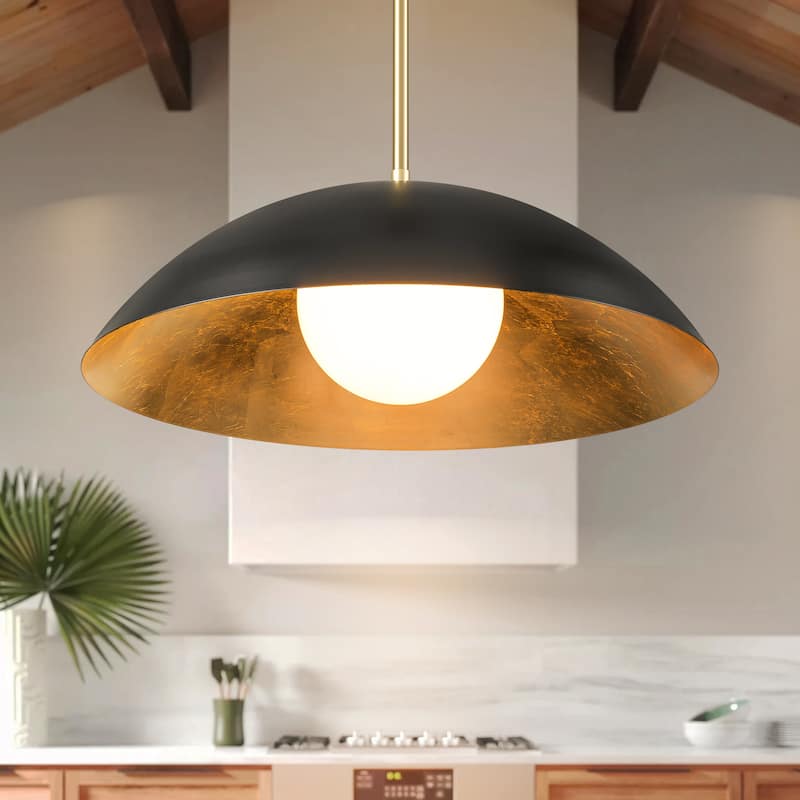 1-Light Modern Black/Gold Leaf Oversized Dome Glass Globe Pendant Light for Kitchen Island - 23.6 in. W