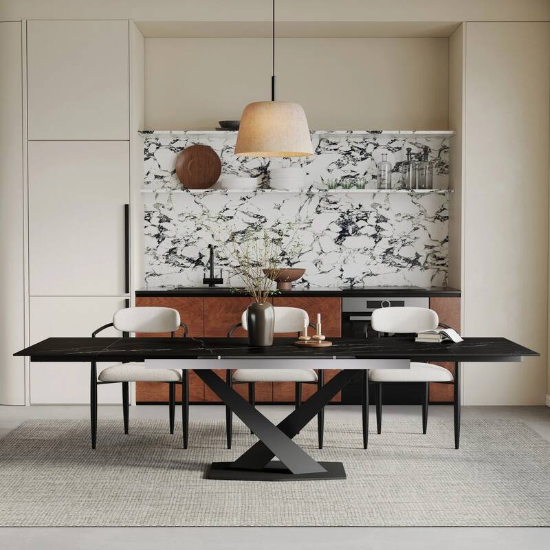 9 - Piece 94.48'' Modern Minimalist Extendable Sintered Stone Top Dining Set with 8 Fabric Chairs