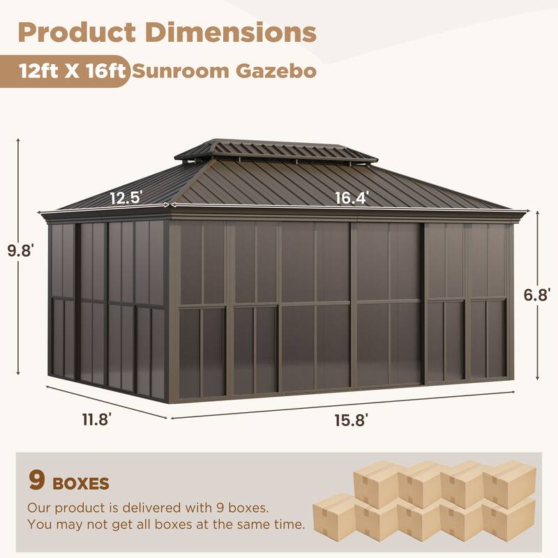 Hardtop Gazebo with Double Steel Roof, Sliding/Lockable Doors & Screens - All-Season Rustproof Aluminum Frame，Advanced Drainage