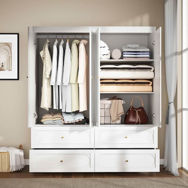 74" Armoire Wardrobe Closet with 4 Drawers, Clothes Organizer Closet with Storage Shelves