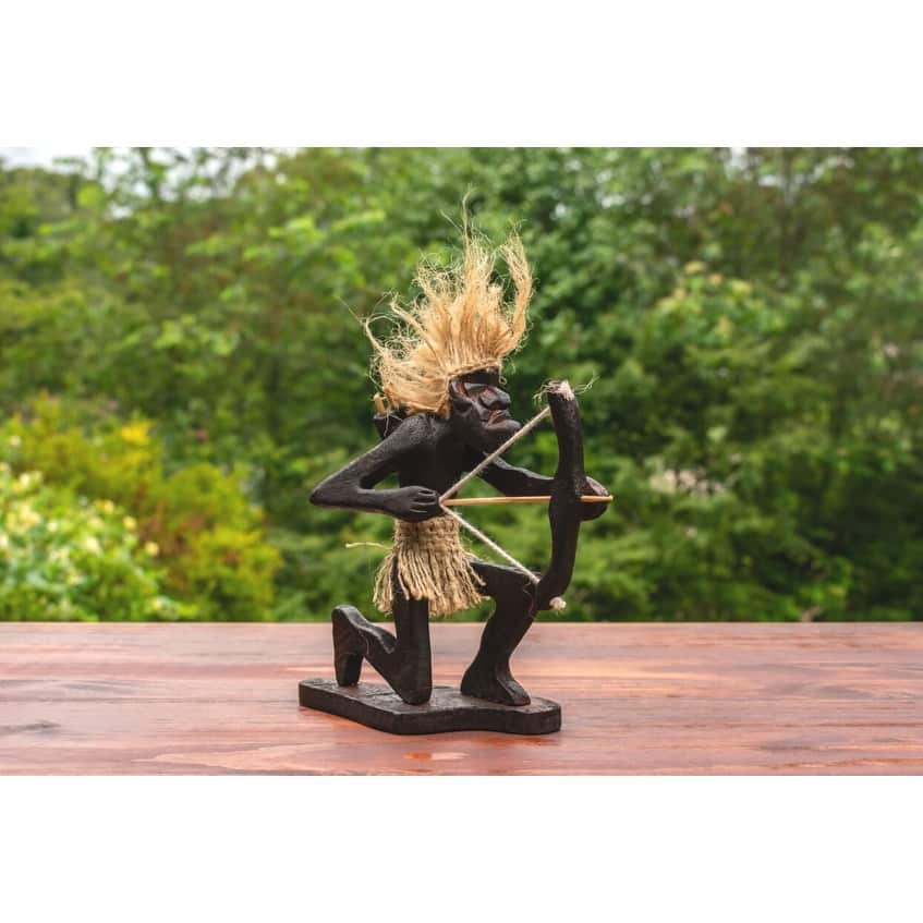Handmade Wooden Primitive Tribal Kneeling Archer Funny Statue Sculpture Tiki Bar Handcrafted Unique Gift Art Home Decor Figur