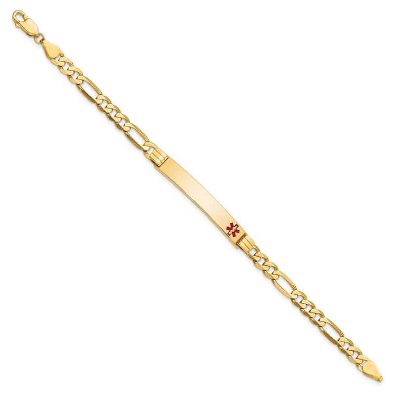 Curata 14k Yellow Gold 6.5mm Engravable Medical Red Enamel Flat Figaro ID Bracelet