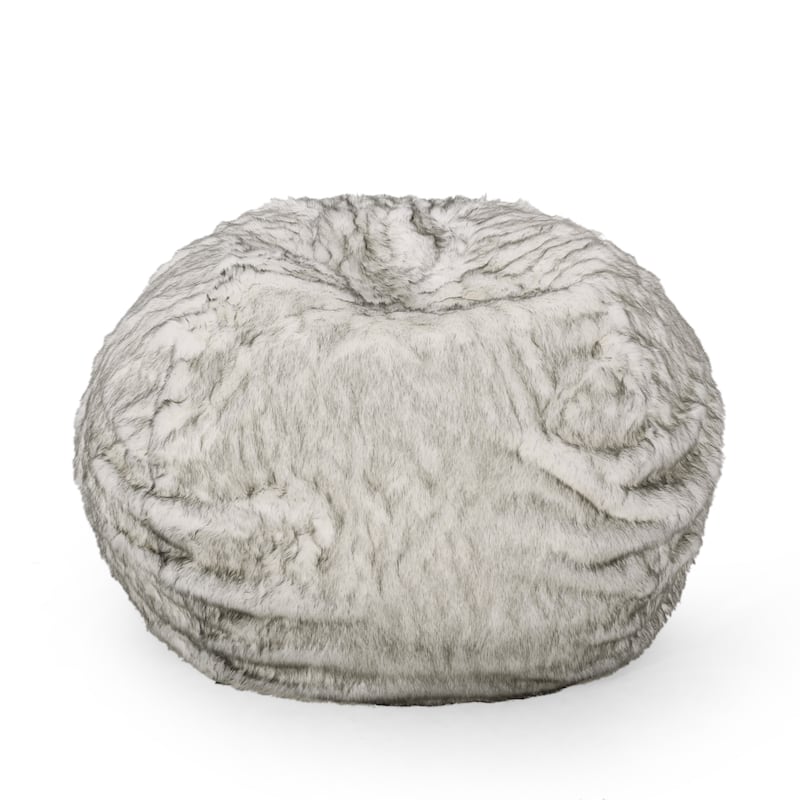 Negar 5 Foot Rounded Short Faux Fur Bean Bag, White and Gray