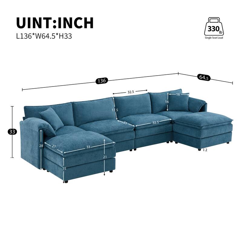 Double Cushions U-Shaped Cloud Couch Sleeper Bed w/ Movable Ottomans