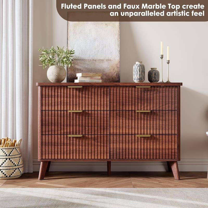 Modern Fluted 6 Drawers Dresser TV Stand for Living Room, Bedroom