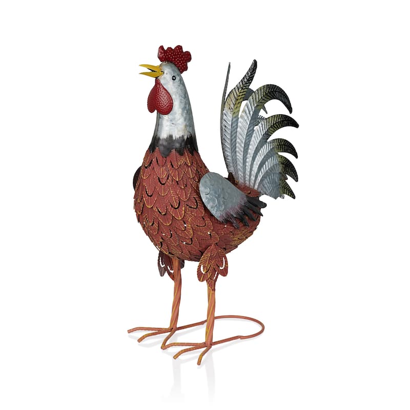Metal Silver and Rust Rooster Decor