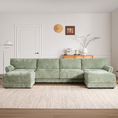 142" Chenille Modular Sectional Sofa U-Shape 6 Seat Sofa Set with USB and Type-C Charger and 2 Ottoman