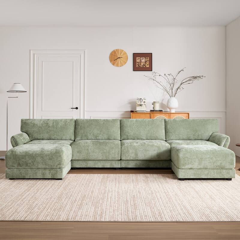 Roomfitters U-Shaped Modular Chenille Sofa with Wide Seat, USB Type-C Charger and Ottoman, Petal Armrest