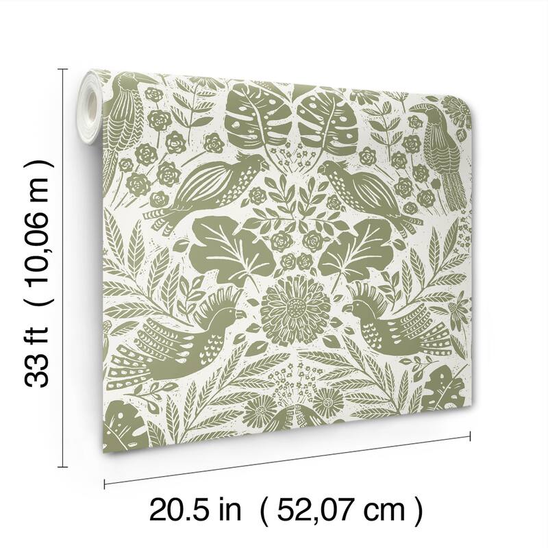 A-Street Prints Nestle Green Bird Block Print Wallpaper