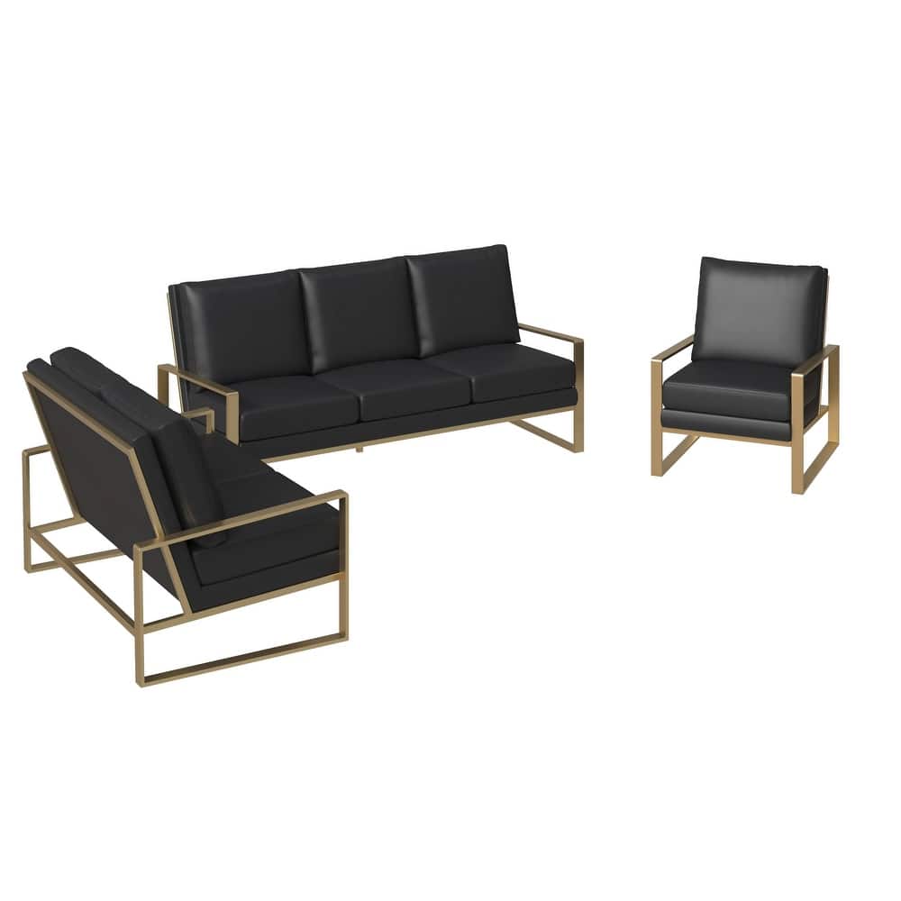 Jefferson Modern Leather 3-Piece Sofa Set Accent Armchair with Brushed Gold Stainless Steel Base for Office & Living Room