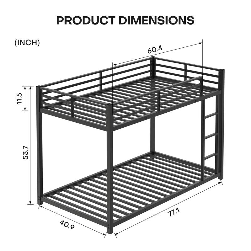Low Bunk Bed Twin Over Twin Metal Bed Frame with Ladder and Guardrails