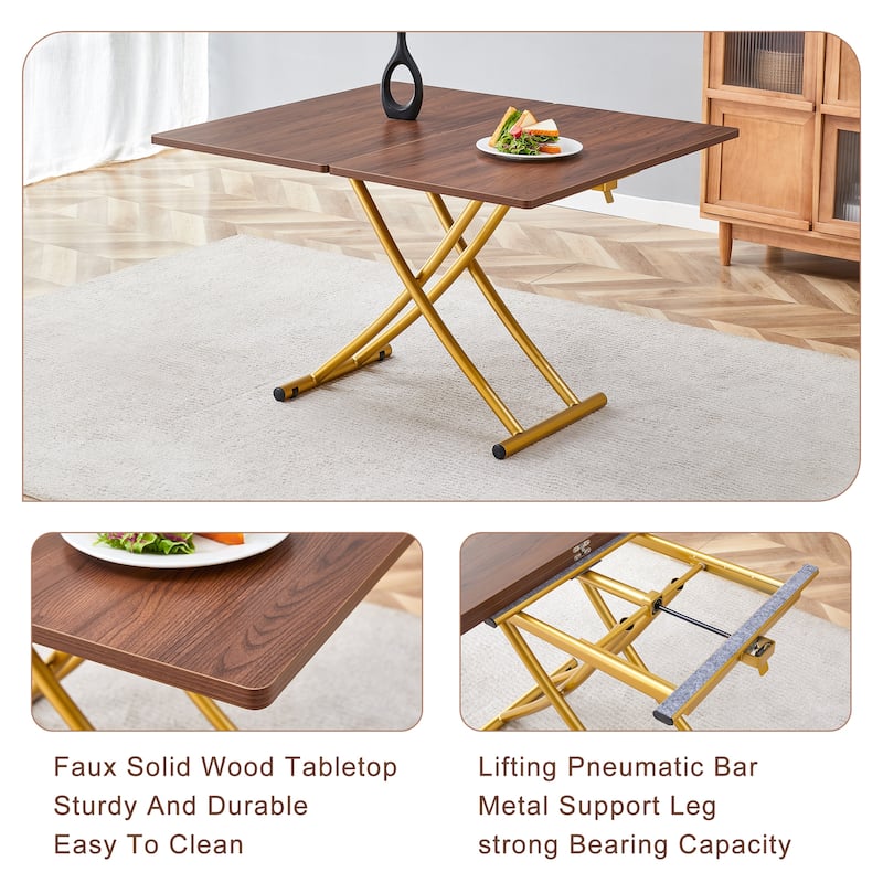 Modern minimalist multifunctional lift table with 0.8 inch thick MDF desktop and golden metal legs,coffee table