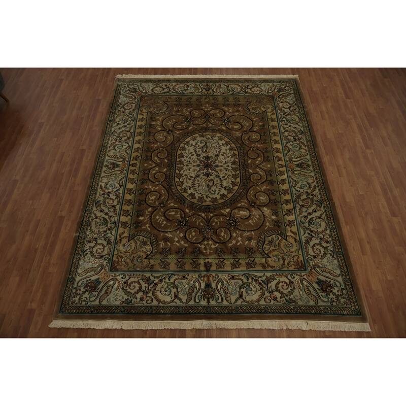 Hand Knotted Oriental 100% Wool Carpet Traditional Floral Brown Aubusson Area Rug - 11' 11'' X 9' 0''