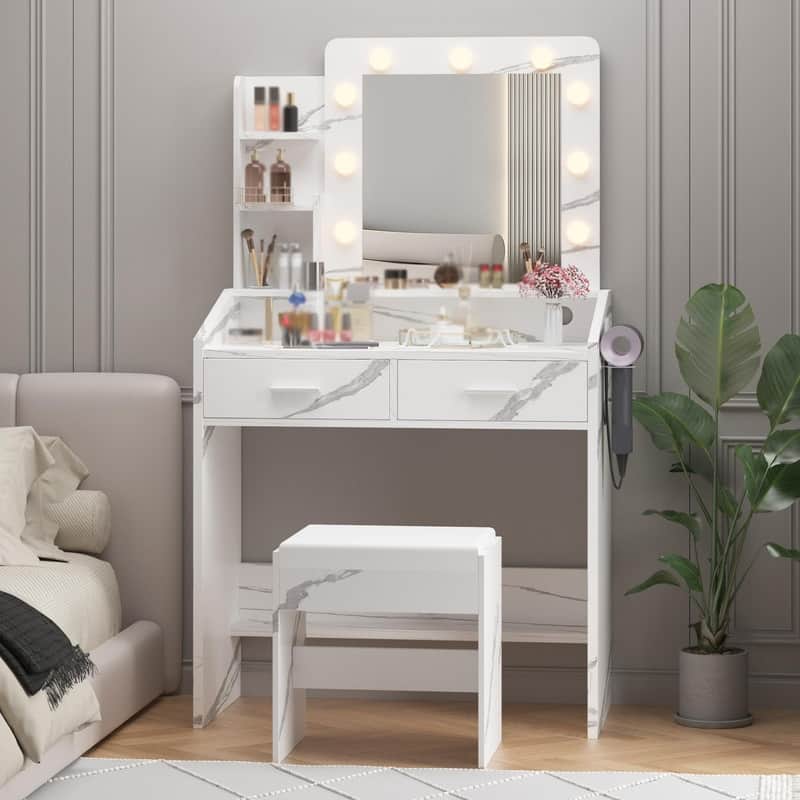 Makeup Vanity Desk with Mirror and Stool, Charging Station, 2 Drawers, 3 Shelves