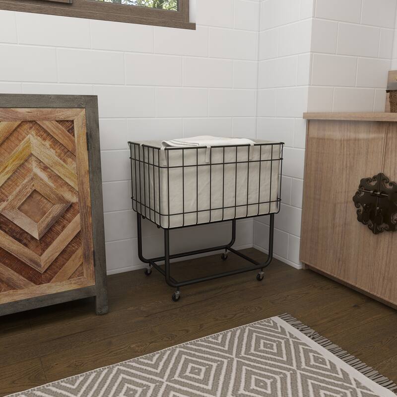 Black Metal Deep Set Wire Basket Storage Cart with Wheels and Fabric Lining