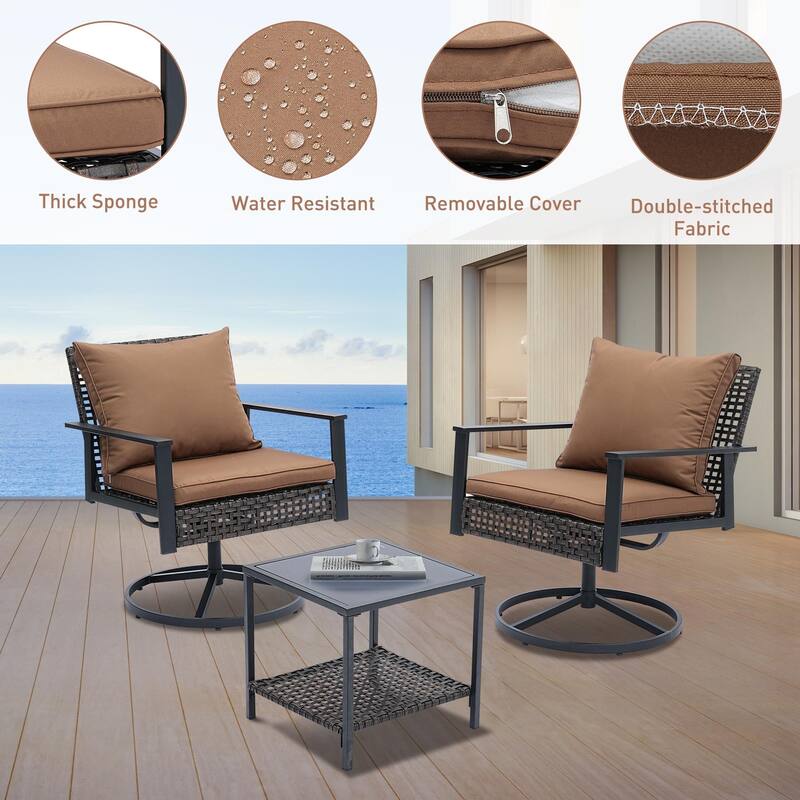 Ainfox 3 Pieces Patio Outdoor Furniture Set with Coffee Table, PE Wicker Swivel Rocking Chairs