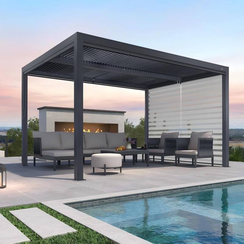 PURPLE LEAF Gray Louvered Pergola Outdoor Aluminum Pergola with Adjustable Roof for Patio Grey Hardtop Gazebo