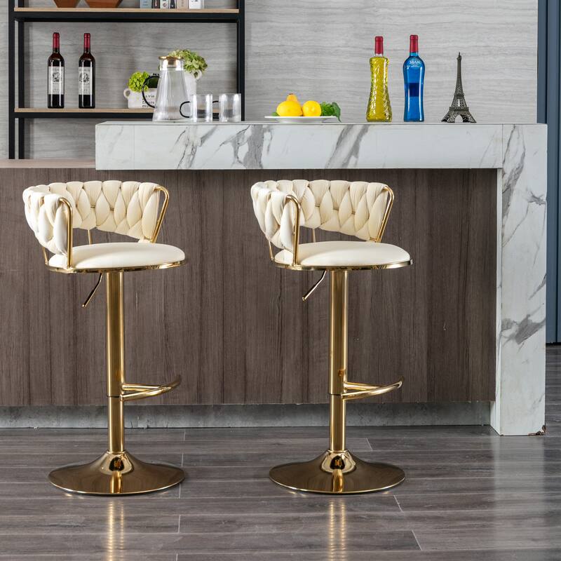 Set of 2 Adjustable Height Swivel Bar Stools with Footrest - Cream+Gold