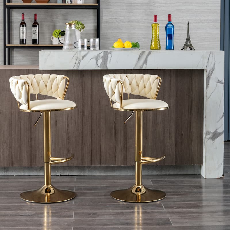 Set of 2 Adjustable Swivel Bar Stools, Cream Velvet with Chrome Footrest & Gold Legs