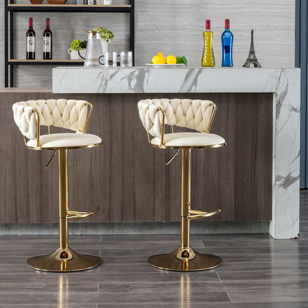 Set of 2 Adjustable Swivel Bar Stools, Cream Velvet with Chrome Footrest & Gold Legs