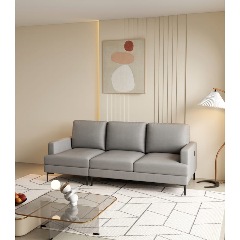 77" Genuine Leather 3 Seater Sofa Couch with USB Charger, High-Resiliency Cushions and Black Metal Legs - Gray