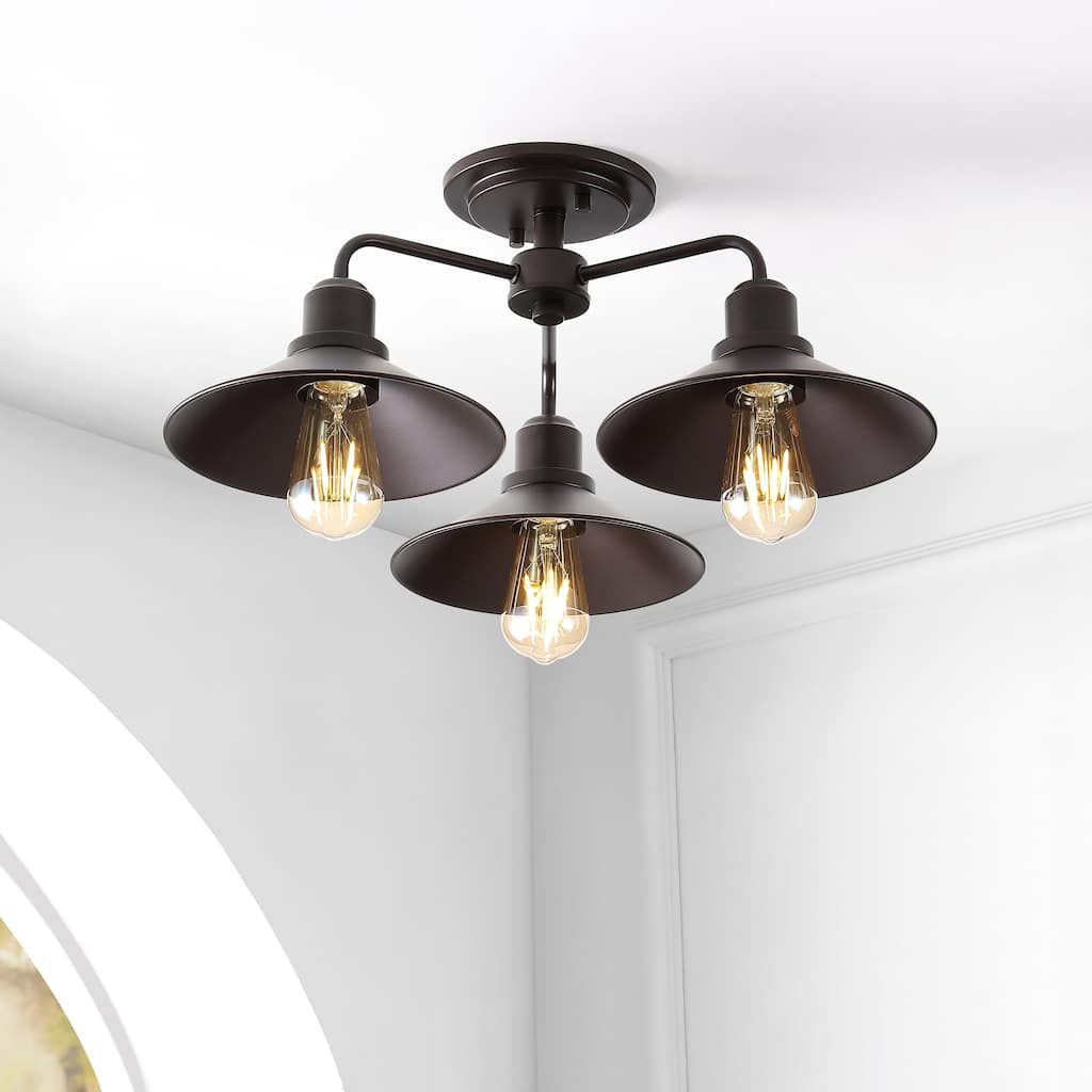 Calvin 18.5" 3-Light Iron Industrial LED Semi-Flush Mount, Oil Rubbed Bronze by JONATHAN Y