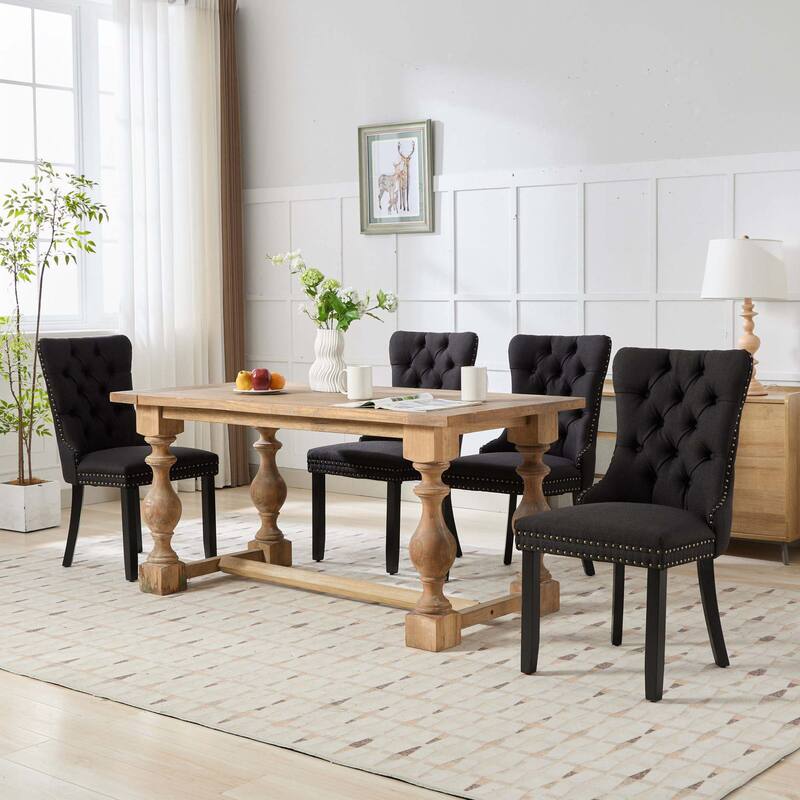 High-end Tufted Solid Wood Linen Dining Chair with Wood Legs Nailhead Trim 2-Pcs Set