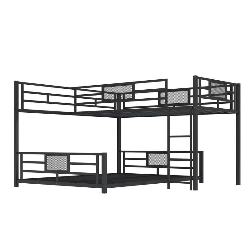 Metal Twin over Full Size Bed Frame, L-shaped Bunk Bed with Full Length Guardrail and Ladder for Children, Boys and Girls