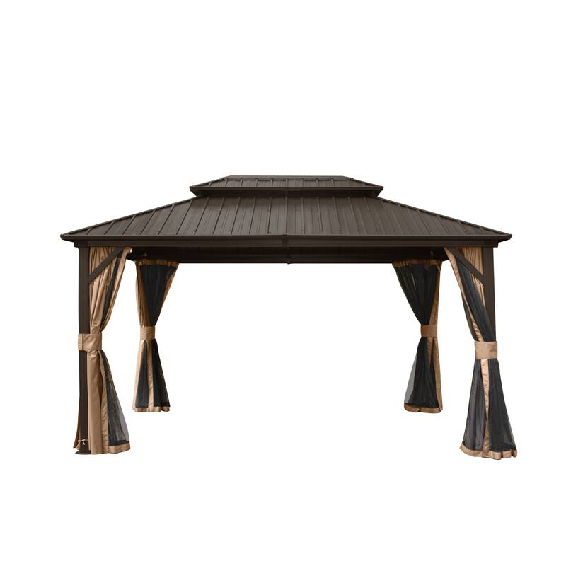 GDFStudio - Madison Outdoor Grove Hardtop Gazebo with Double Roof, Curtains & Netting - 10' X 12' - Brown