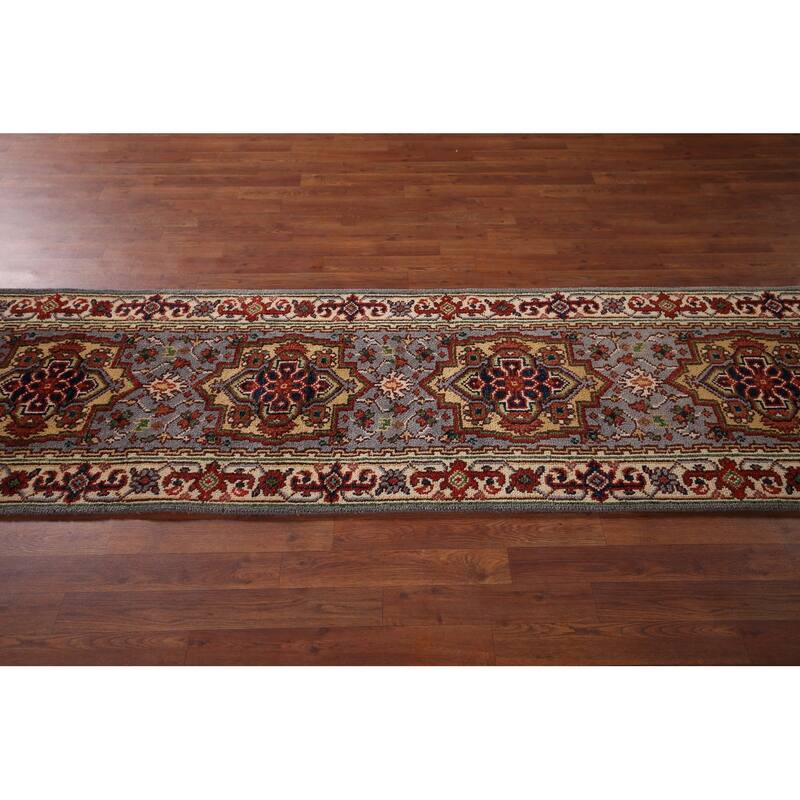 Geometric Gray Heriz Serapi Indian Runner Rug Hand-Knotted Wool Carpet - 2'6"x 9'10"