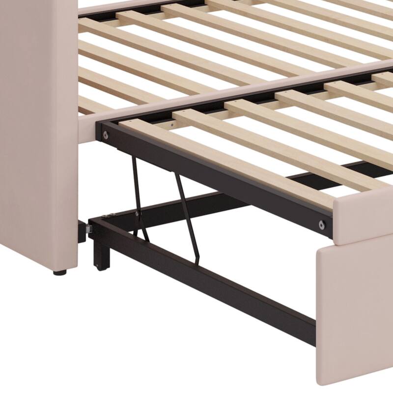 Velvet Upholstered Daybed Twin Size Sofa Bed with Extended Pop Up Trundle and Curved Backrest, Space-Saving Twin to King Design