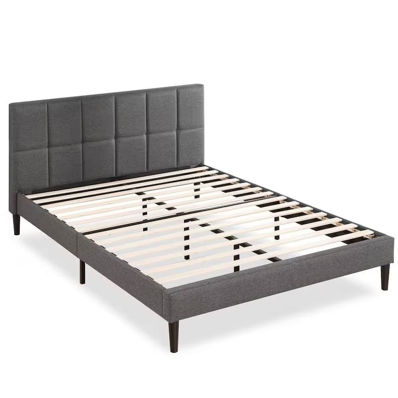 Modern Upholstered Platform Bed with Square-Stitched Headboard Low Profile Bed Frames Grey - Full