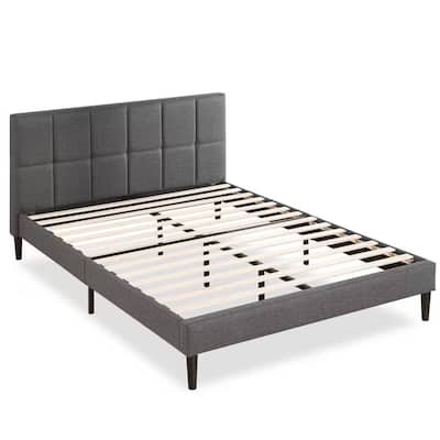 Modern Upholstered Platform Bed with Square-Stitched Headboard Low Profile Bed Frames Grey