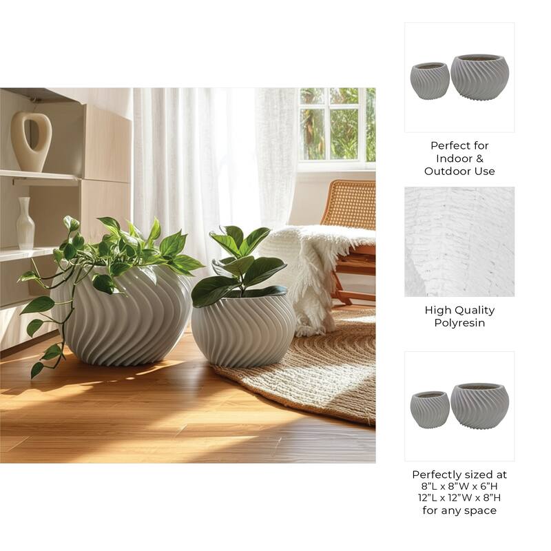 Polyresin Planters Twisted Design Sculptural Detailing (Set of 2) - 12" x 12" x 8"