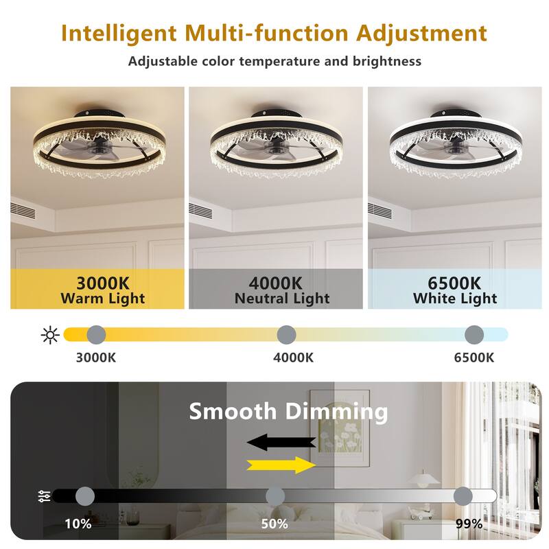 20-inch Black Smart Ceiling Fan Light with Silent Function, Multi-Speed Adjustment