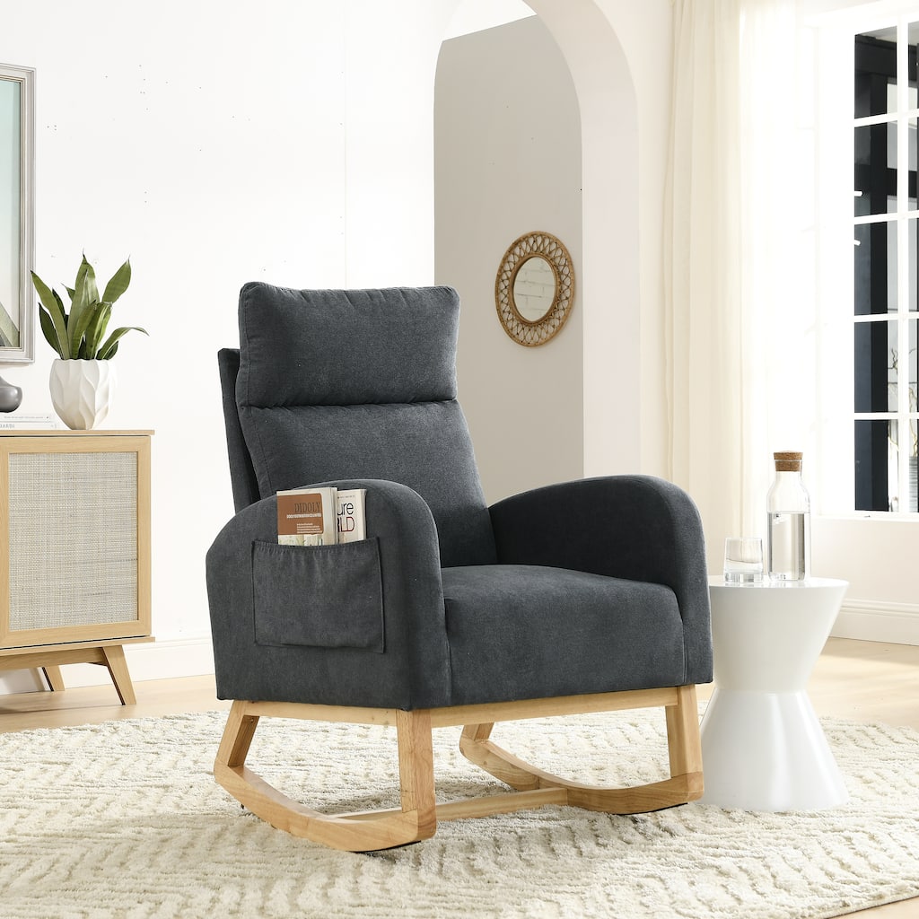 Modern Accent High Backrest Living Room Lounge Arm Rocking Chair: Each Armrest Has a Large Pocket