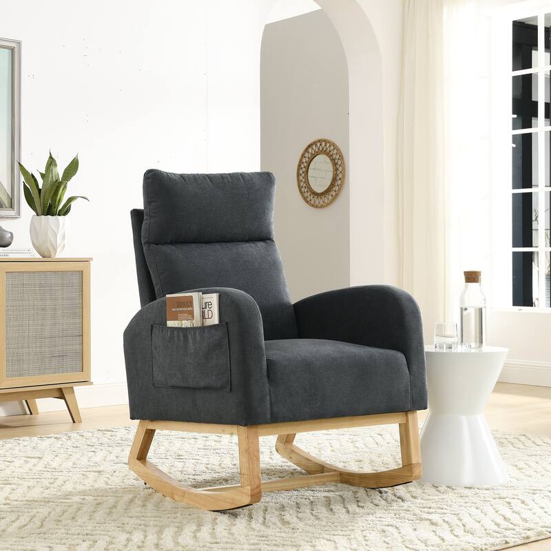 Teddy Fabric Rocking Chair with Side Pockets & High Back Support - DARK GREY