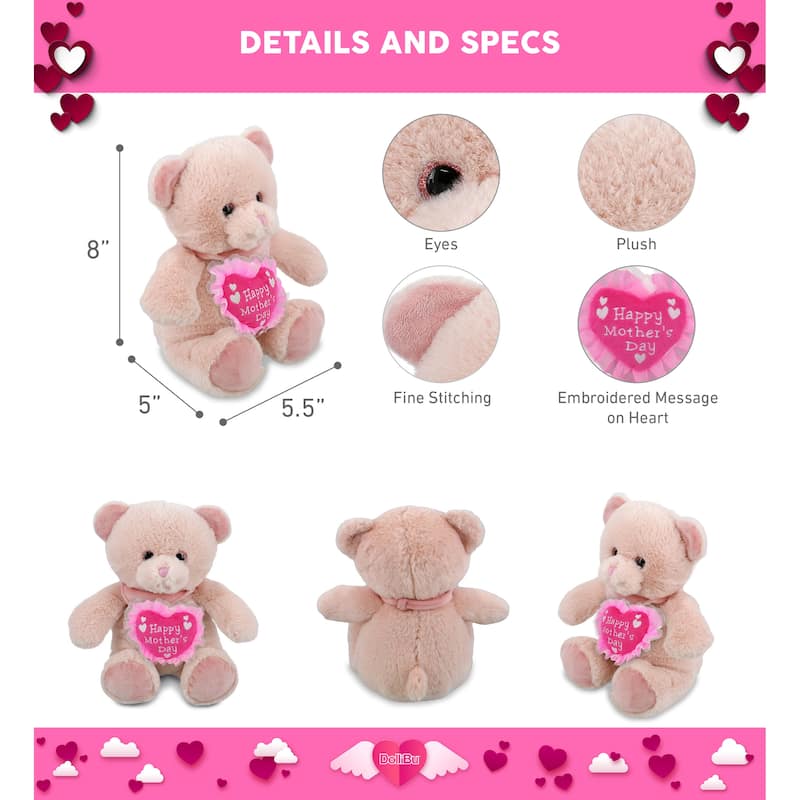 DolliBu Mother’s Day Super Soft Plush Baby Pink Bear With Pink Heart - 8 inches