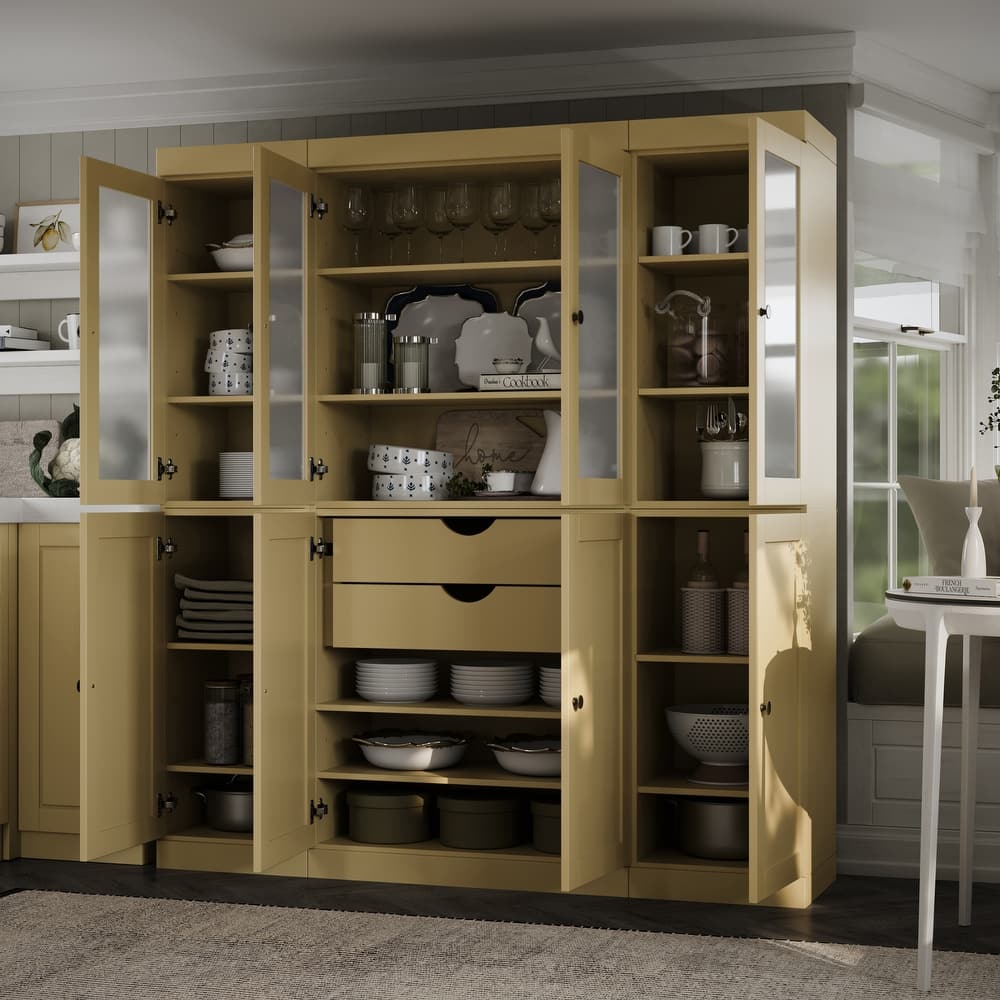 Palace Imports 100% Solid Wood 65" Pantry Cabinet with Frosted Glass, Shaker Doors, 2-Drawers and Adjustable Shelves