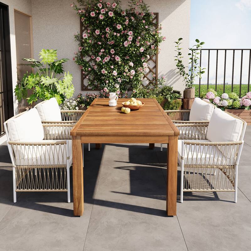 Roomfitters 5-Piece Patio Dining Table Set, Modern Outdoor Furniture with 4 Rope Armchairs and Cushions, Natural - Natural