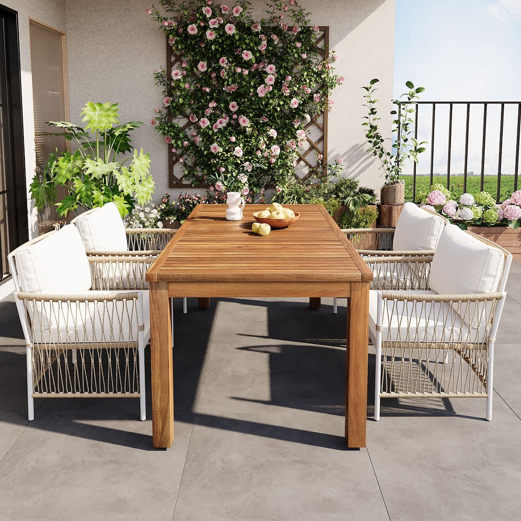 Roomfitters 5-Piece Patio Dining Table Set, Modern Outdoor Furniture with 4 Rope Armchairs and Cushions, Natural