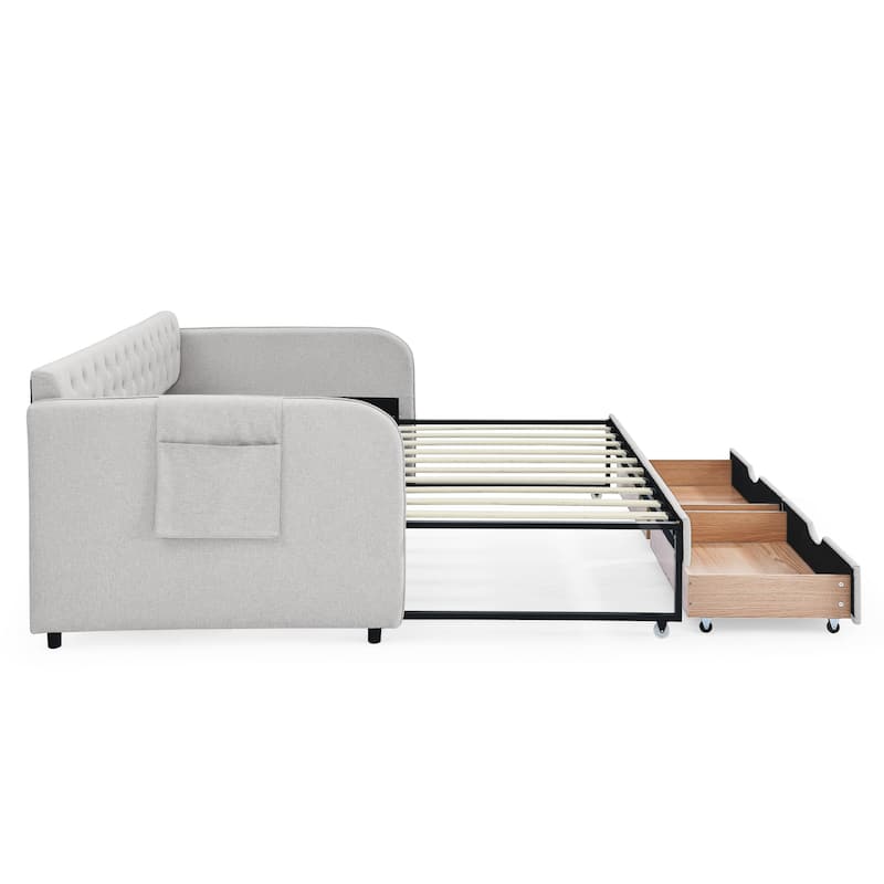 Roomfitters Twin Upholstered Daybed with Trundle, Underbed Storage and Flat Arms with Side Pocket, Extendable Design