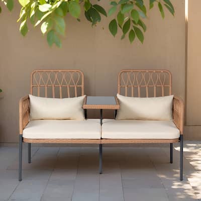 Outdoor Woven Rattan Loveseat Conversation Furniture Set with Cushions