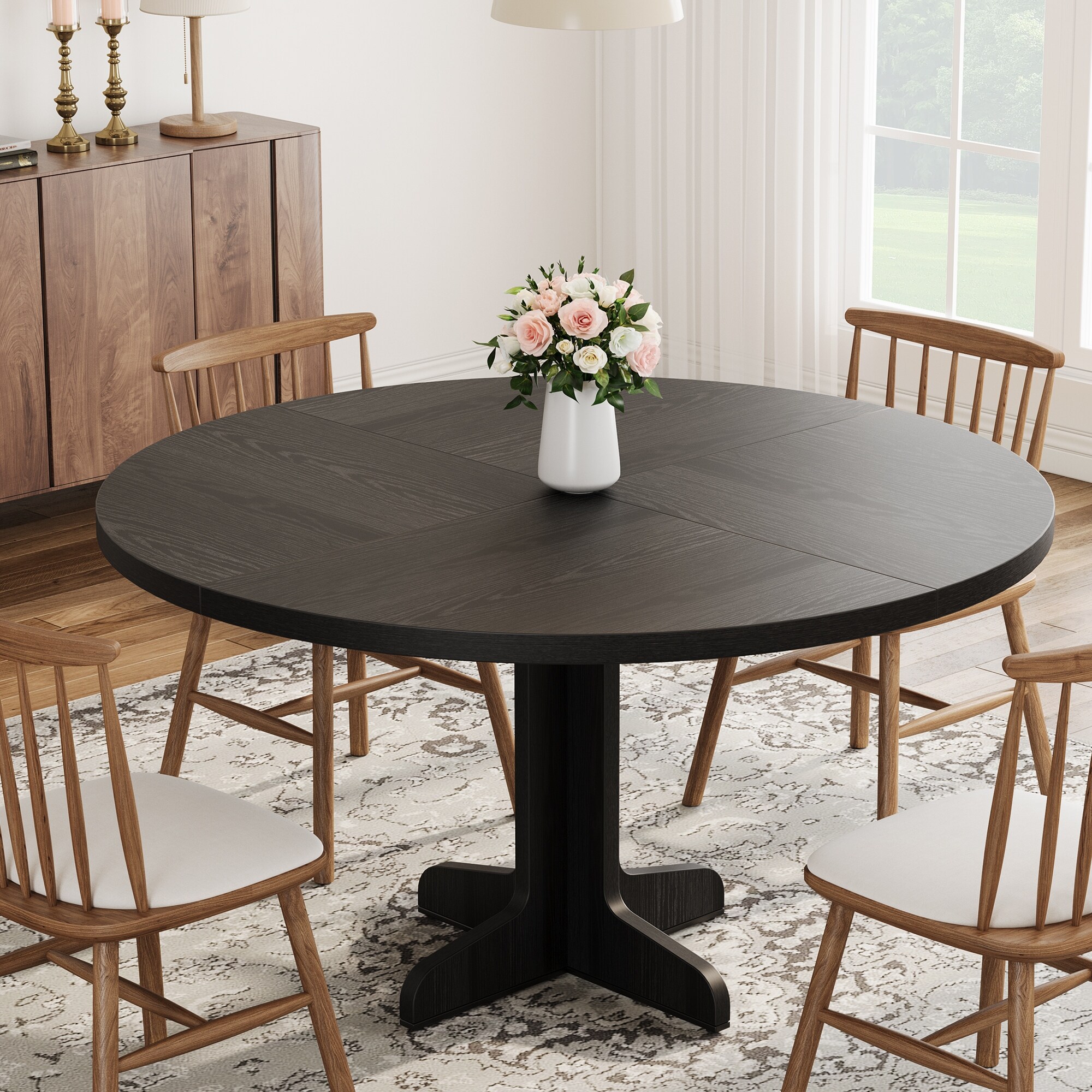Round Dining Table for 4, 47 Inch Farmhouse Circle Kitchen Table with Wood Tabletop and Stable Base, for Home Dining