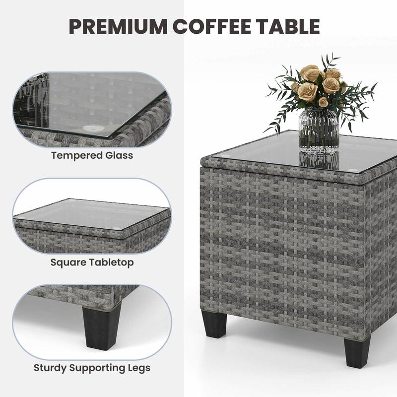 Gymax Set of 3 Wicker Rocking Set Patio w/ Tempered Glass Table & Soft