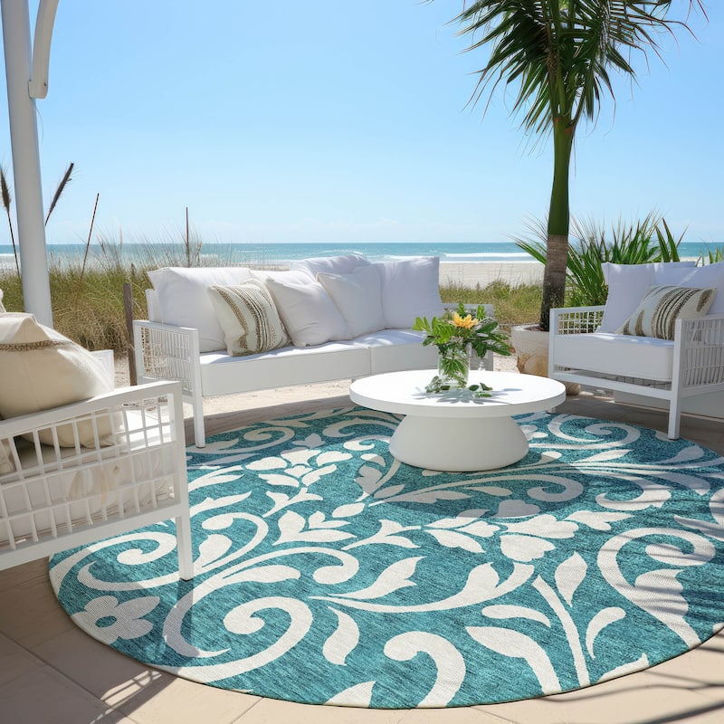 Machine Washable Indoor/ Outdoor Chantille Traditional Elegant Rug - Teal - 8' x 8'