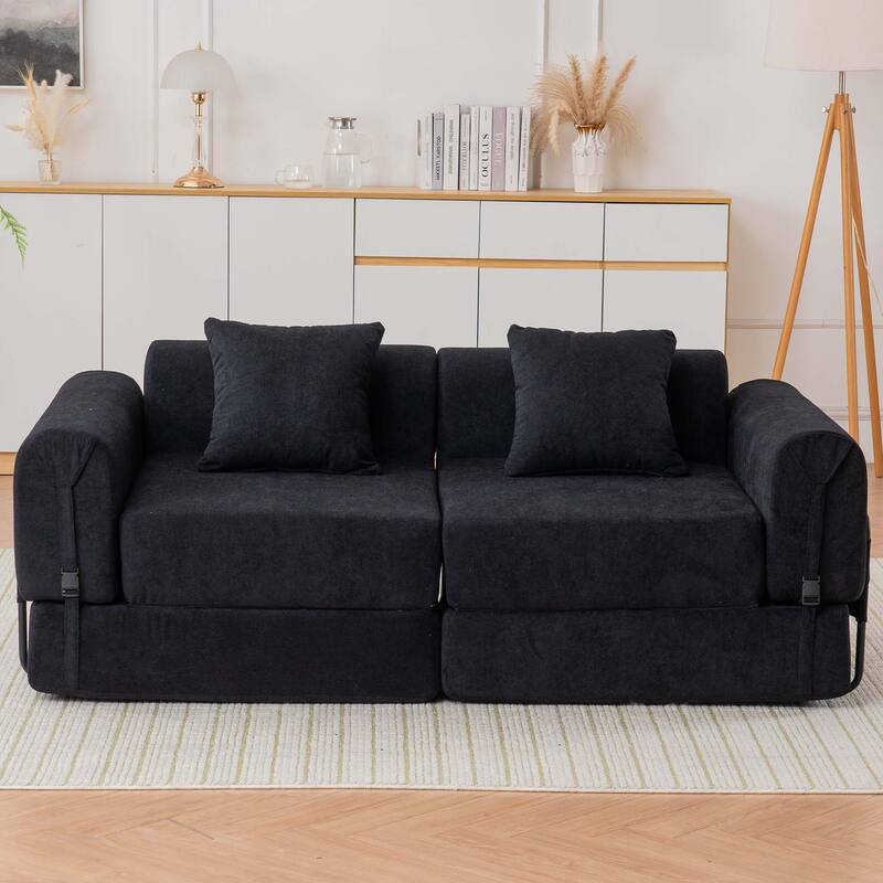 Folding Chaise Longue Sofa Fold Out Loveseat Floor Couch, Convertible Sleeper Sofa Bed Modular Leisure Sofa - Black