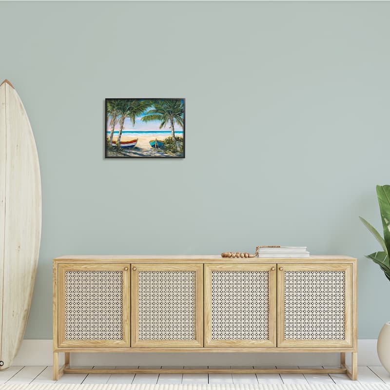 Stupell Row Boats on Beach Shore Tropical Palm Trees Framed Wall Art