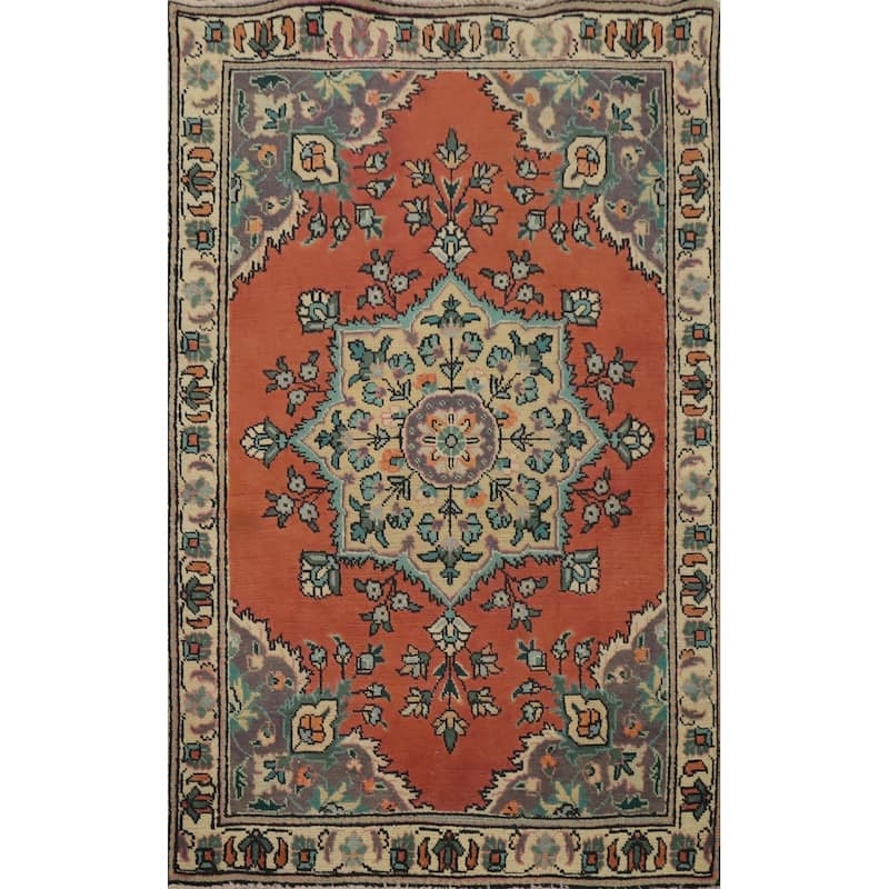 Hand Knotted Oriental 100% Wool Carpet Traditional Floral Oranges & Rust Tabriz Area Rug - 4' 6'' X 3' 3''