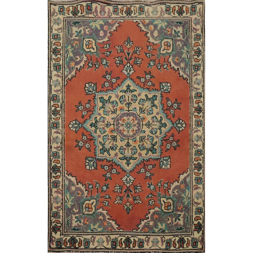 Hand Knotted Oriental 100% Wool Carpet Traditional Floral Oranges & Rust Tabriz Area Rug - 4' 6'' X 3' 3''